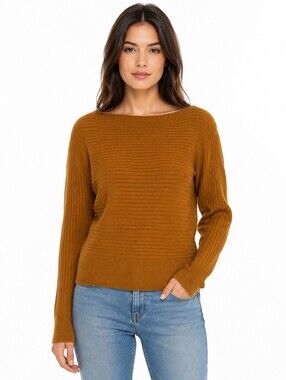 Babaton Women's 100% Merino Wool Mustard Rib Knit Boat Neck Sweater Pullover - S